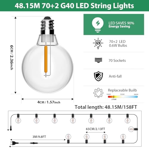 FIFlying Outdoor String Lights Mains Powered, 158FT/48.15M Garden Lights with 70+2 Shatterproof Bulbs, IP54 Waterproof Festoon Lights for Backyard Patio Pergola Wedding Party