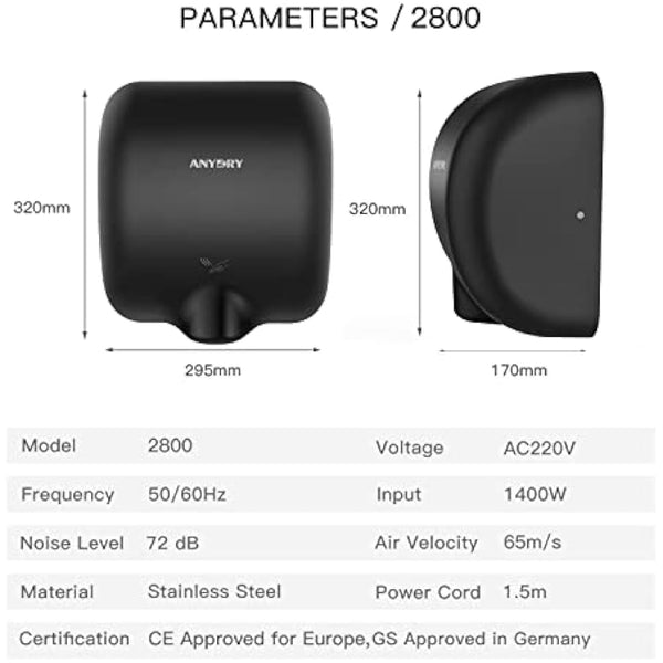 anydry 2800 Commercial Hand Dryer,Heavy Duty Stainless Steel Hand Dryers,Electric Hand Dryer For Toilet.(Matte Black)