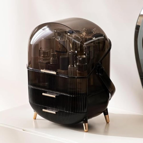 Kousee Makeup Organiser, Skincare Organiser Cosmetic Display Case with Dust Free Cover Portable Handle, Waterproof Makeup Box for Vanity Countertop Bathroom Dresser-Retro Grey