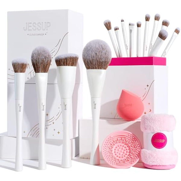 Jessup Makeup Brushes 14pcs Highend Make up Brush Set for Foundation, Concealer, Blush, Contour, Powder, Eyeshadow Brushes, Makeup Sponge, Cleaner and Towel, Pearl White T333
