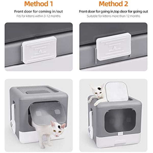 BingoPaw Cat Litter Tray Box: Foldable Top Entry Large Cats Toilet with Lid - Hooded Kitten Litter Tray Easy Cleaning Drawer Design with Scoop Grey