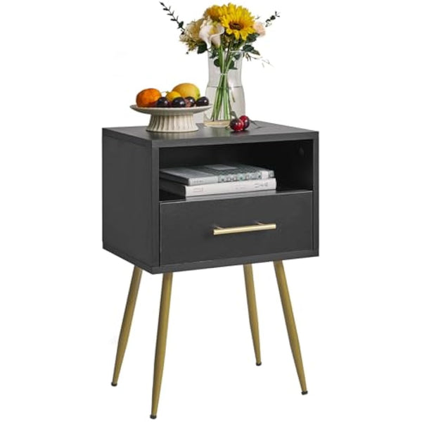 IBUYKE Nightstand, Mid-Century Modern Bedside Table with Legs, Minimalist and Practical End Side Table with 2 Tiers Storage Space, for Bedroom, Living Room, Black WNS004B