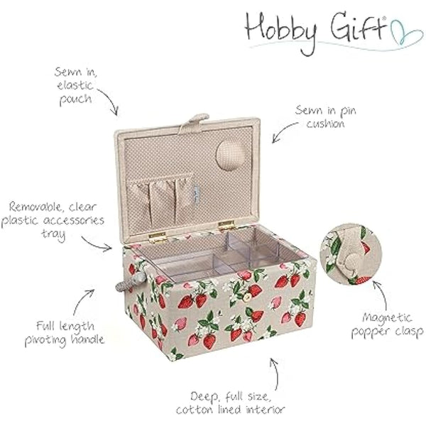 Hobby Gift Exclusive Medium Sewing Craft Hobby Storage Box, Accessories Tray Pin Cushion Pocket PVC Handle Embroidered Lid 18.5 x 25.5 x 14.5cm, Embroidered Strawberries