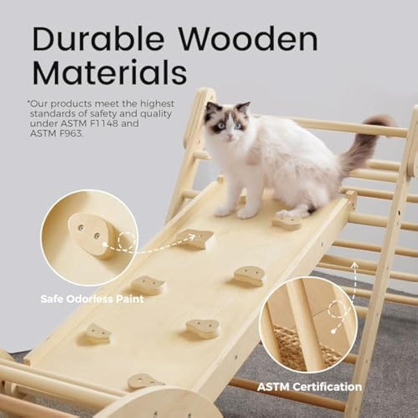 Tiny Land Triangle Climbing Frame for Kids, 3 in 1 Foldable Montessori Toy Wooden Climbing Triangle, Indoor Climbing Frame Set Wooden Climbing Toy with Ramp and Arch Climbing Triangle