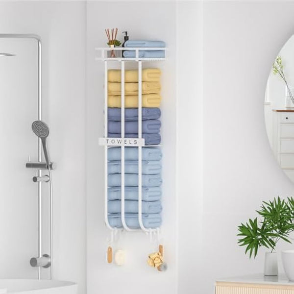 AIRUJIA Wall Mounted Towel Rack with Storage Shelf, Bathroom Towel Holder with 4 Hooks, White