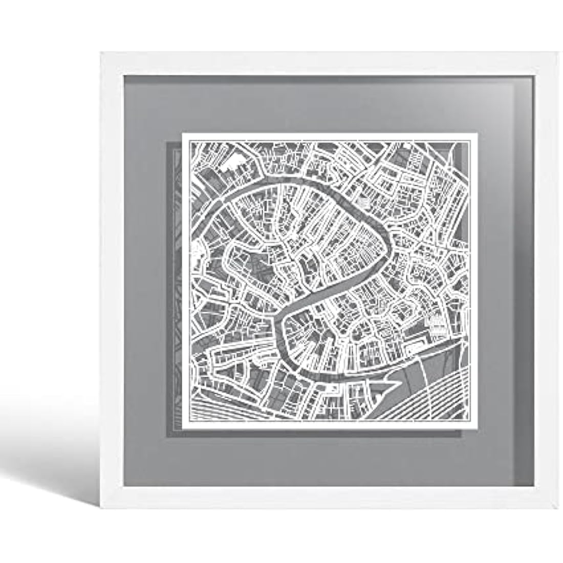 O3 DESIGN STUDIO Venice Paper Cut Map framed, White map, White frame, 9x9 inches, Gift Boxed, 4 background color, self-changing, Paper Art