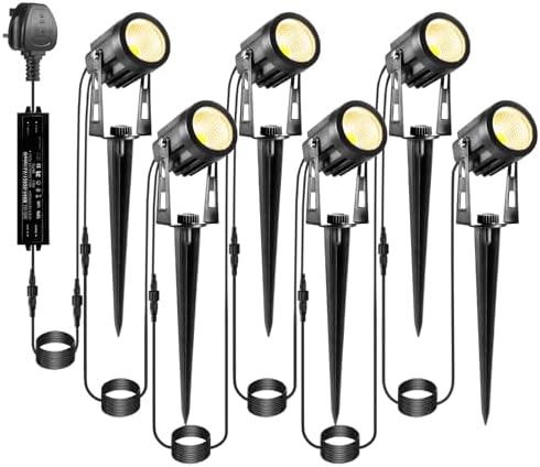 ECOWHO Garden Lights Mains BS Plug Extendable Outdoor Spotlights 21m LED Spike Uplighter Wire Metal Outside Waterproof Lighting Warm White for Path Tree(Ground Stake&Wall Mounted, DIY to 8 Spots)