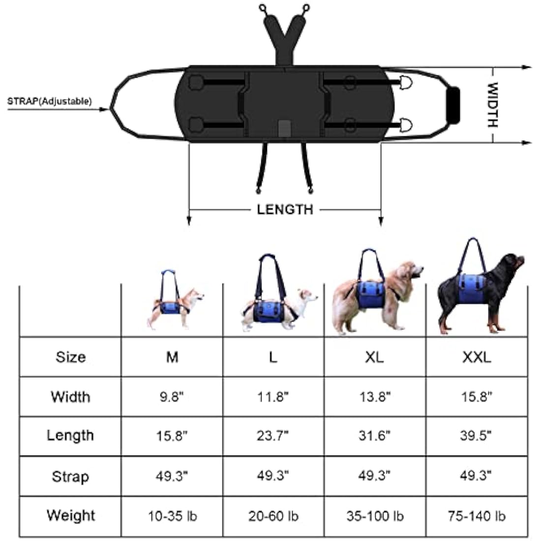 Dog Carry Sling, Emergency Backpack Pet Legs Support & Rehabilitation Dog Lift Harness for Nail Trimming, Dog Carrier for Senior Dogs Joint Injuries, Arthritis, Up and Down Stairs (Blue, XL)