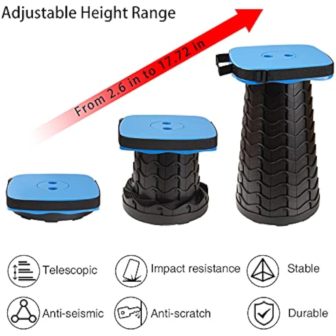 FIEMACH Upgraded Portable Telescopic Stool with Larger Seat - Retractable Square Camping Folding Stool for Adults, Telescoping Collapsible Lightweight Compact Stool (Blue)