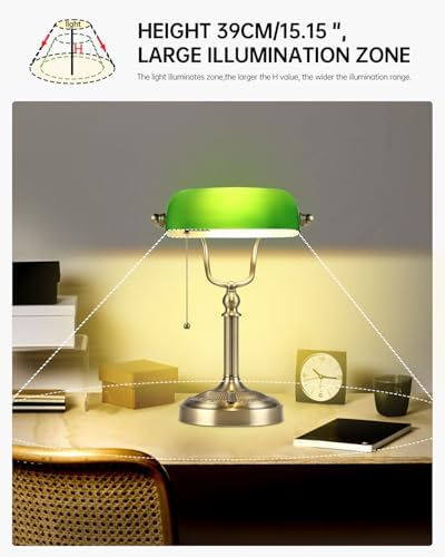 Newrays Green Glass Bankers Desk Lamp, Stepless Dimmable Table Lamp Plug in Fixture for Study, Office, LED Bulb Included