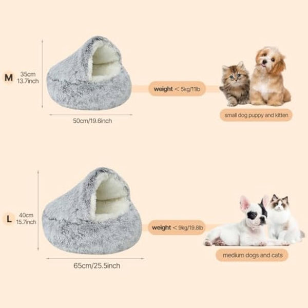 YUDANSI Dog Beds, 65cm Under 9 kg Covered Dog Cat Bed for Cats Calming Down, Burrowing Cat Small Medium Dog Bed with Hood for Anti Anxiety, Non-Slip Plush Faux Fur Nest with Ceiling Puppy Pet Bed
