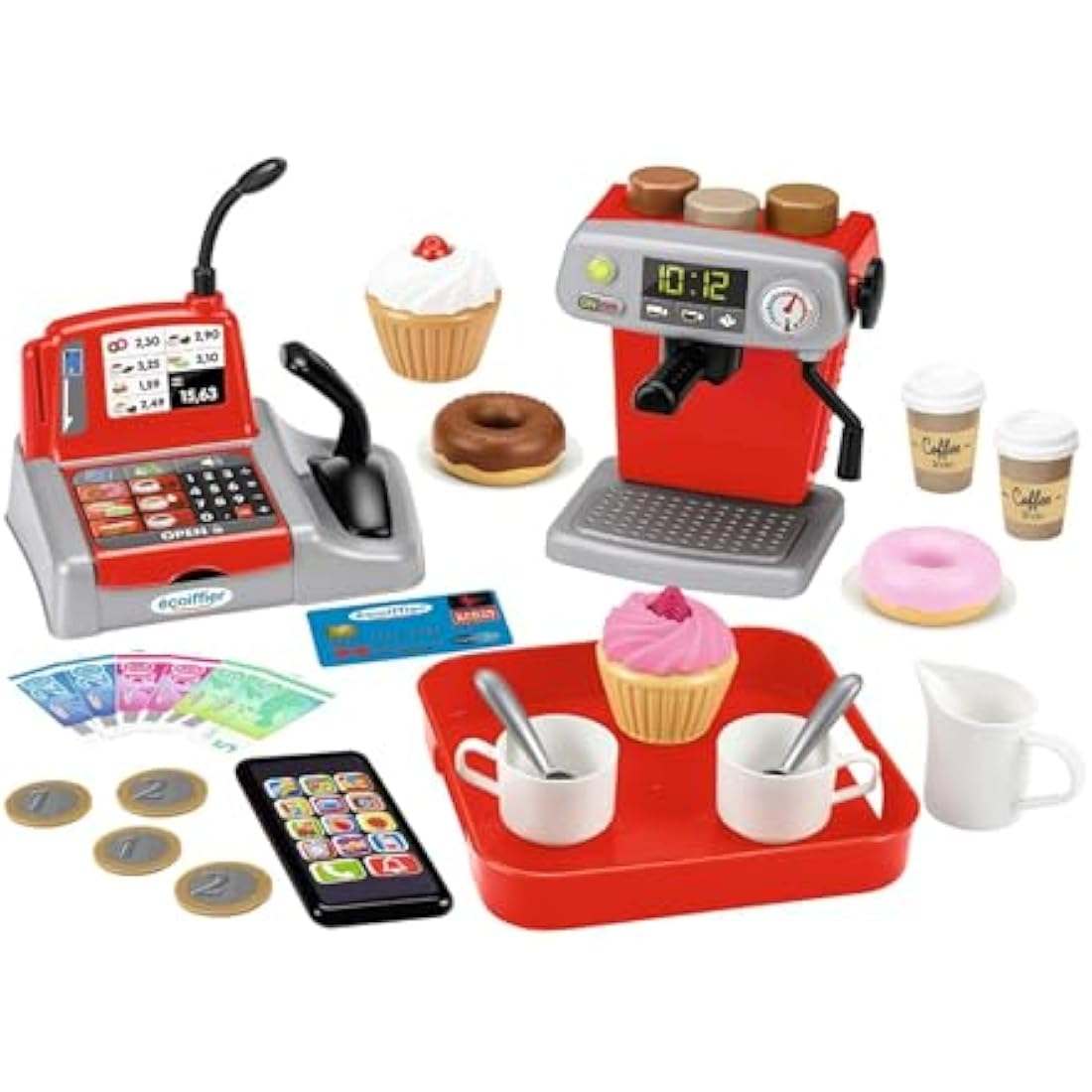 Ecoiffier Coffee Shop - Playset with Coffee Maker, Donuts, Coffee Service, Cashier, Play Money, Mini Smartphone, for Children from 18 Months