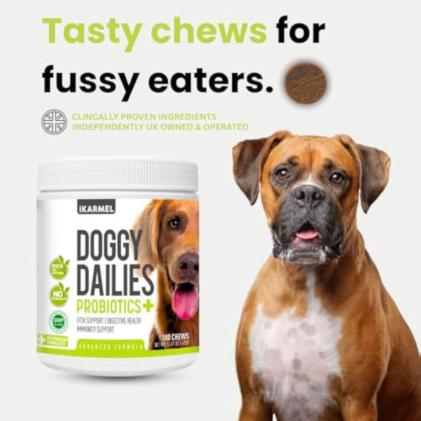Doggy Dailies Probiotics for Dogs - Canine Supplements for Digestive and Immunity Support - Skin Health and Itch Support - Vitamin Treats - Veterinarian Formulated Probiotic