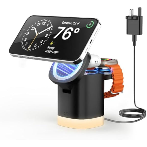 JoyGeek 3-in-1 Charger Stand for Magsafe, Foldable Wireless Charging Station with Night Lights, Magnetic Charger Dock for iPhone 16/15/14/13/12 Pro/Max, AirPods 4-2, Apple Watch 2-10/Ultra (Black)