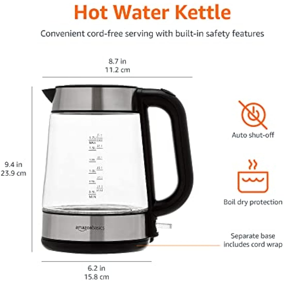 Amazon Basics Electric Glass Kettle, 1.7 Litres, Black, Silver