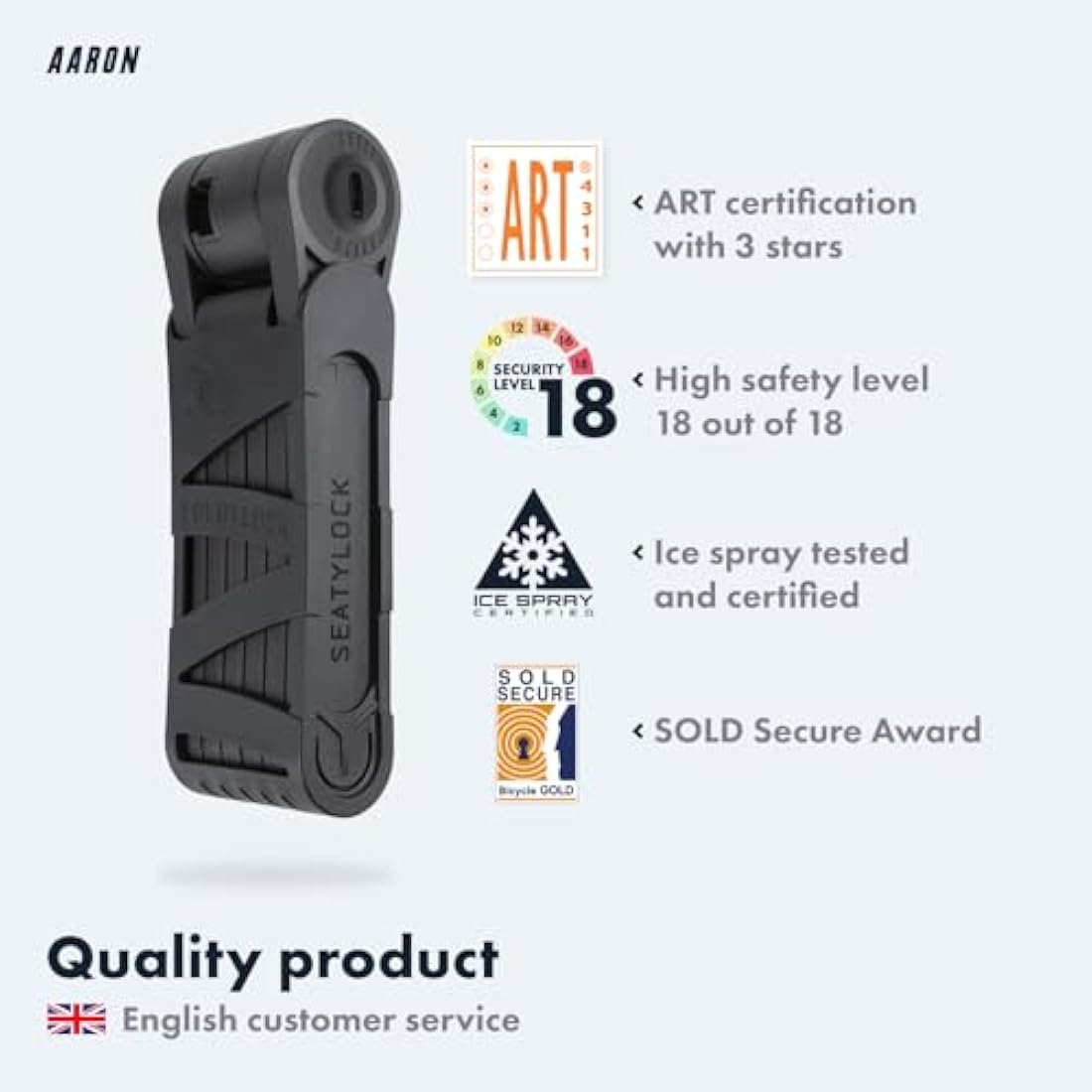 AARON Premium Bicycle Lock - Secure Folding Lock Level 18, Patented High Security Lock with Bracket - Lightweight Bicycle Lock with Key for E-Bike, Road Bike, Motorcycle, MTB