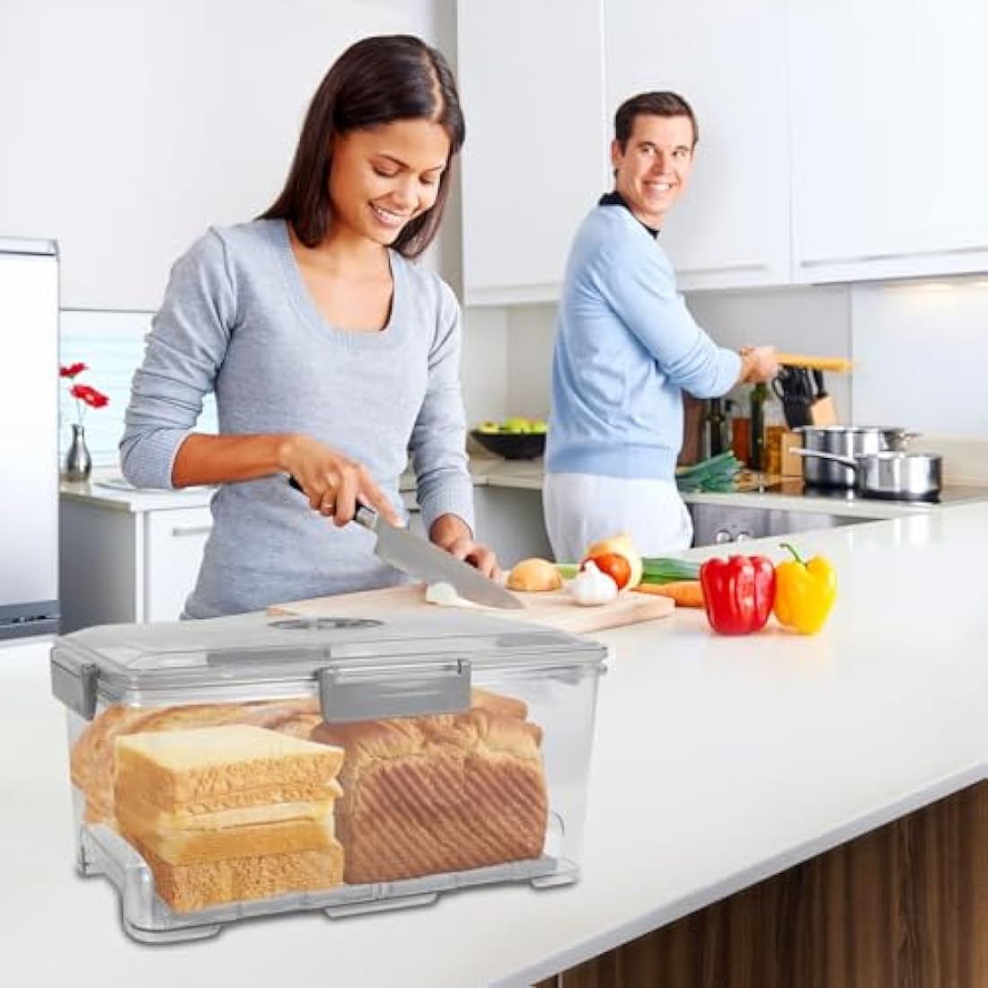 Gzsekken Bread Bin Airtight Bread Storage Container with Pump,Time Recording Bread Box with Lid Plastic Bread Bins for Kitchen Freezer Bread Holder for Homemade Bread, Toast, Bagel, Donut and Cookies