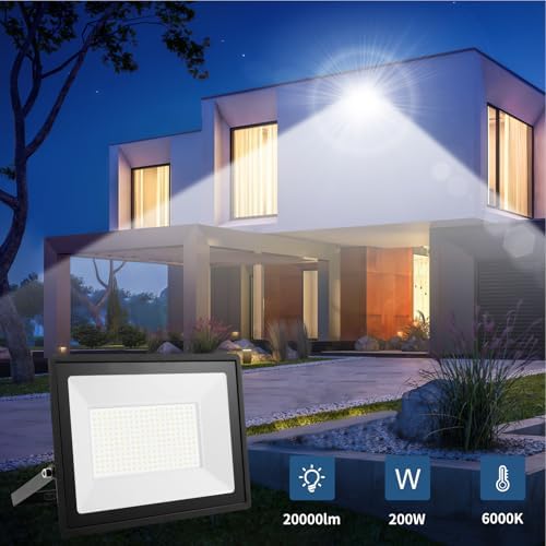 Ankishi 200W LED Floodlight, IP66 Waterproof Security Lights, Super Bright Lights LED 20000LM Outdoor Light, 6500K Daylight White Wall Light for Garden, Patio, Backyard, Front Yard, Garage