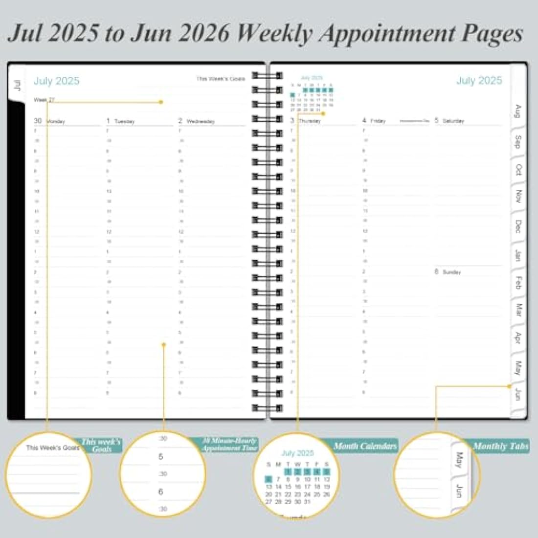 2025-2026 Appointment Book & Planner - Hourly Planner from July 2025 - June 2026, Weekly Appointment Book 2025-2026 with 30-Minute Interval, 6.4" x 8.5", Black