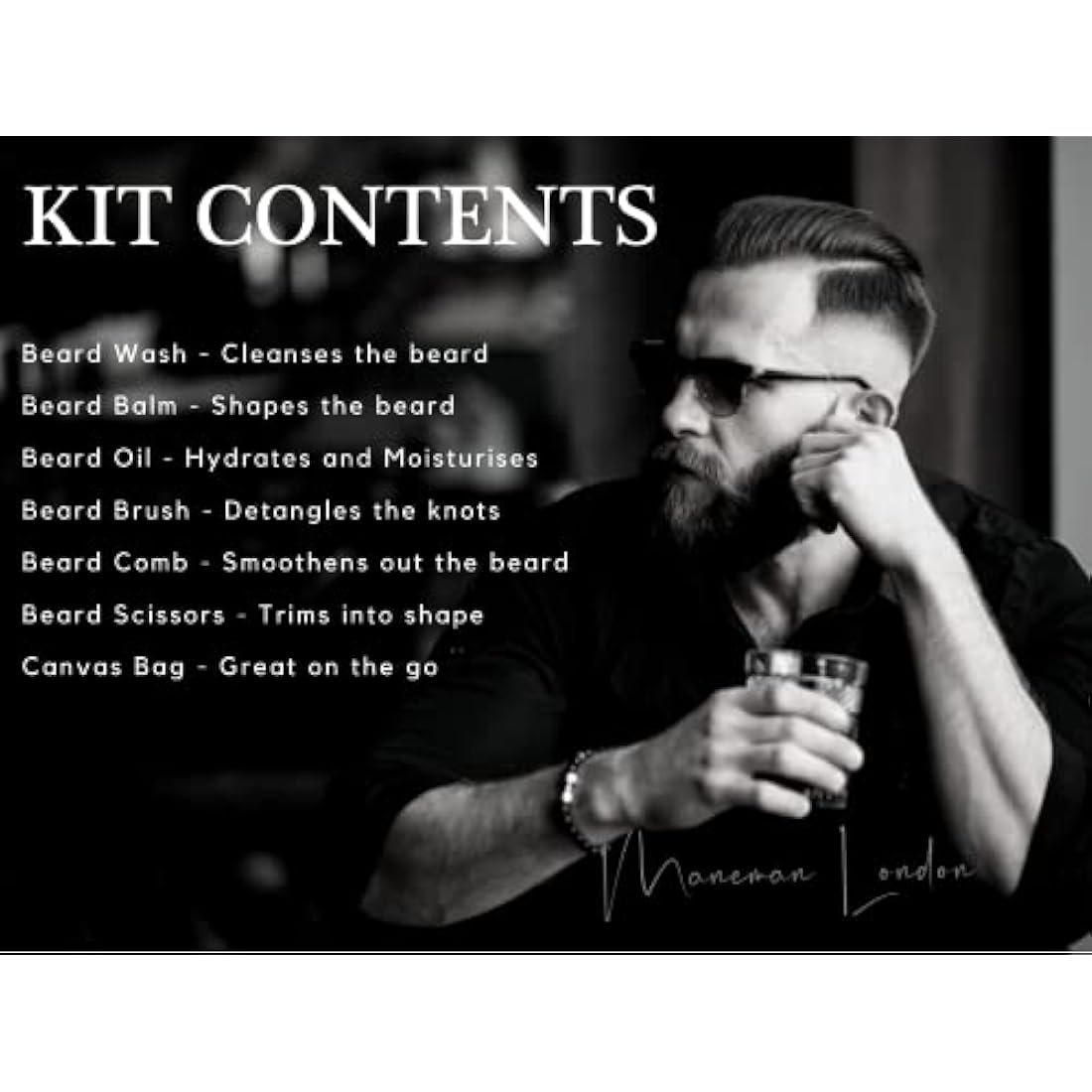 Maneman London Beard Grooming Kit for Men - 7 Piece Gift set, shampoo, oil, softens,itch free relief