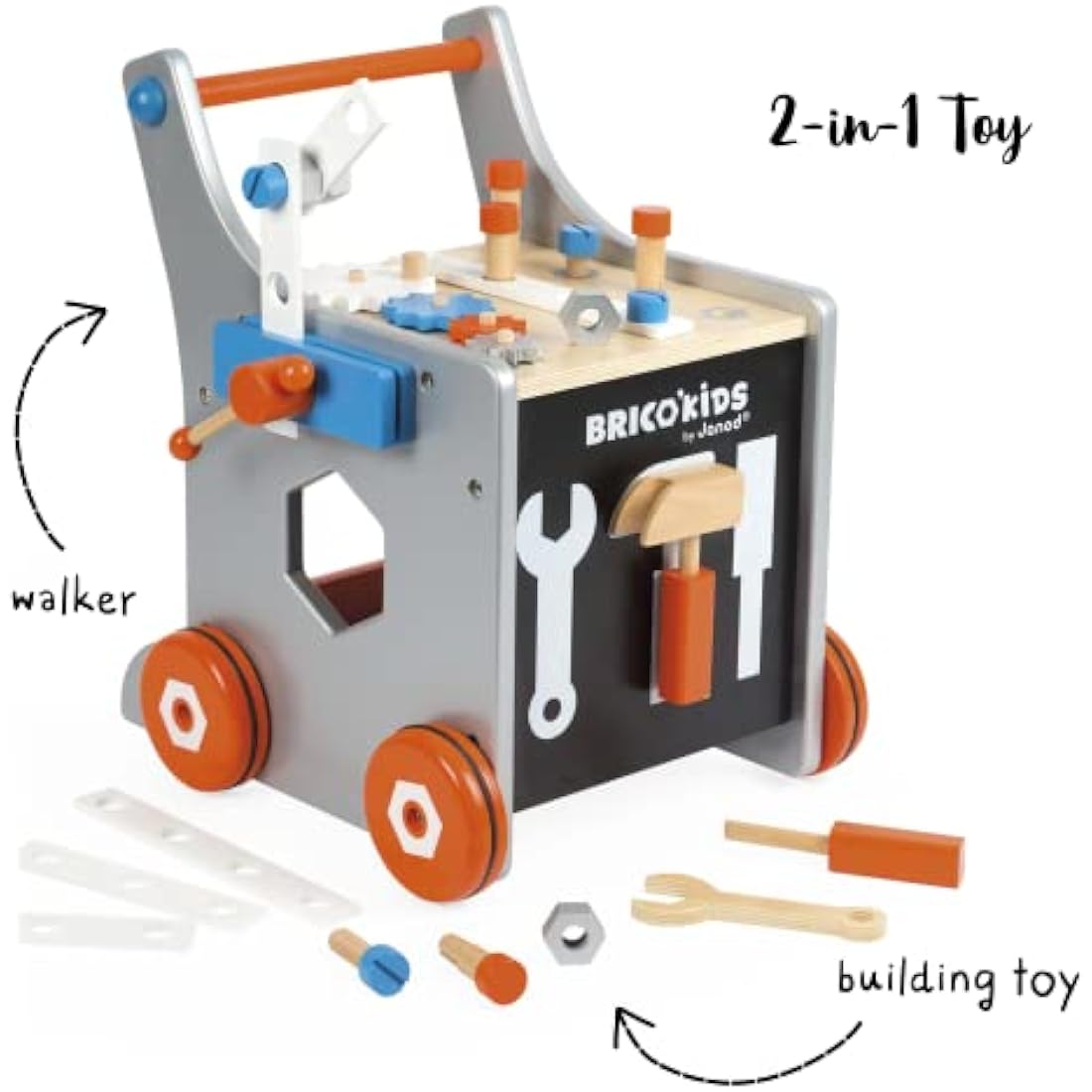 Janod - Brico'Kids Wooden Diy Trolley for Children - Magnetic - Pretend Play - 25 Tools and Accessories Included - For children from the Age of 18 Months, J06478, Multicolored