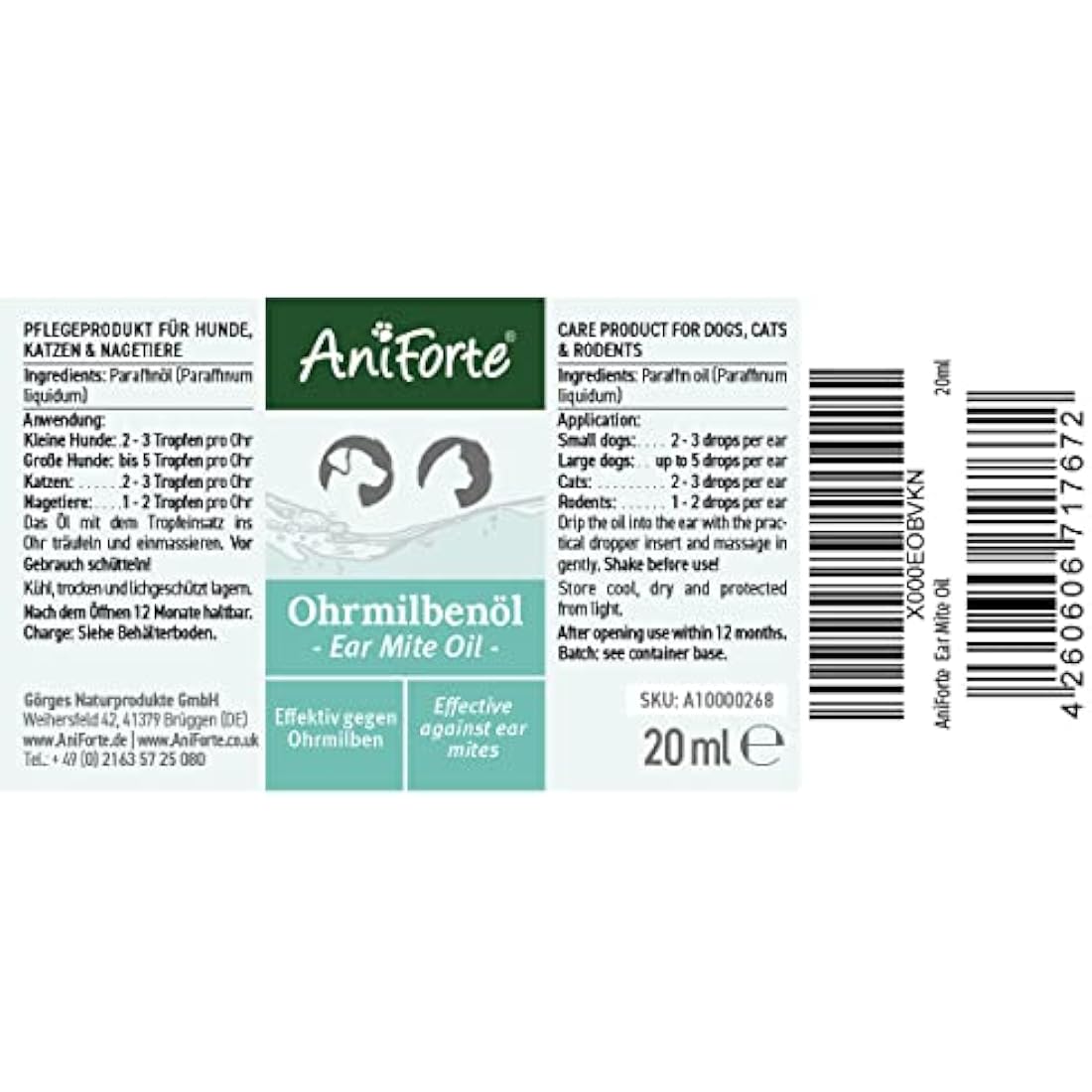 AniForte Ear Mite Drops 20ml for Dogs, Cats, Rodents and Pets: Treatment for Pets and Animals to Kill & Remove Ear Mites, Ear-Drops