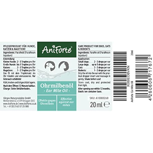 AniForte Ear Mite Drops 20ml for Dogs, Cats, Rodents and Pets: Treatment for Pets and Animals to Kill & Remove Ear Mites, Ear-Drops