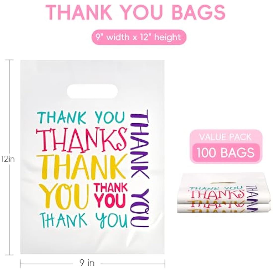 100 Pack Colorful Thank You Gift Bags Small- 23x30cm Merchandise Retail Plastic Carrier Bags with Handles for Shopping, Parties Favors, Boutique, Stores, Business, Market Stall, Trade Shows, Wholesale