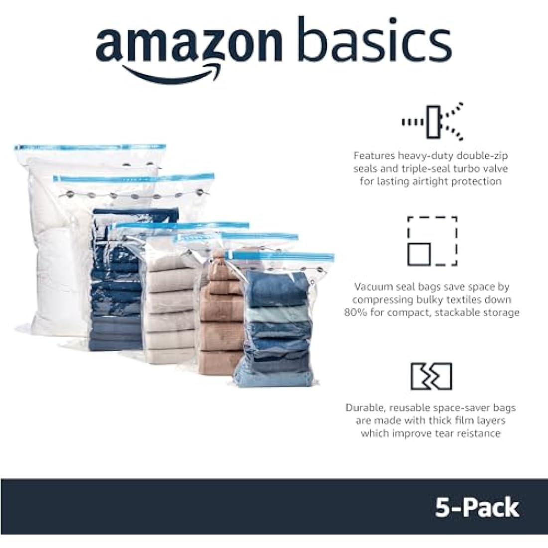 Amazon Basics Vacuum Compression Zipper Storage Bags with Airtight Valve and Hand Pump, Large, 5-Pack, Clear