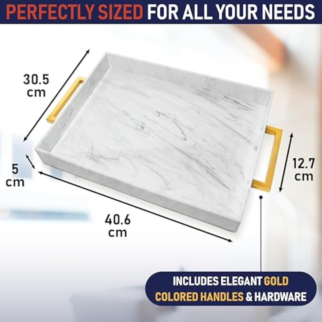 Acrylic Serving Tray with Gold Handles, 16" x 12" Decorative Trays for Coffee Table, Spill Proof Food and Drinks Server, Ottoman Tray for Countertop, Kitchen, Vanity, Serving Party Platter (Marble)