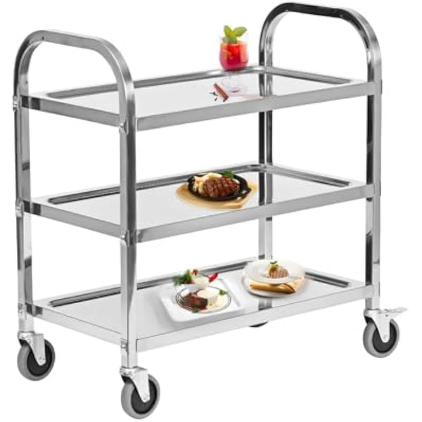 HLC 3 Tier Stainless Steel Serving Catering Trolley Wheels Utility Cart Kitchen Cart Serving Trolley with Locking Wheels for Kitchen Hotels - 750x400x835MM