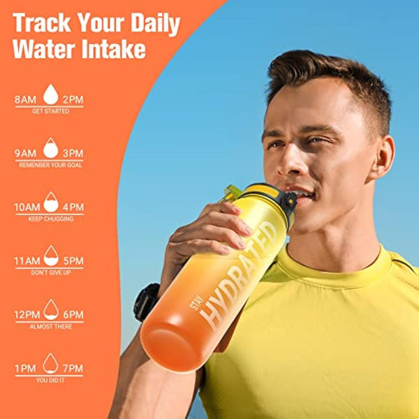 Sahara Sailor Leakproof Water Bottle 1L/500ML/750ML, Tritan BPA Free Motivational Sport Drinks Bottle with Clear Time Marker, Lock Cover, Easy Clean Brush, Durable for Gym, School, Cycling (1 Bottle)