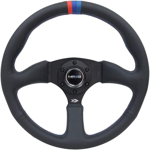 NRG Innovations NRG-RST-023MB-R-M3 Reinforced Steering Wheel 350mm Diameter 50mm Depth Sport Leather Racing (2.5" Deep) Comfort Grip, 4mm Matte Black Spoke With M3 Stitching And Line