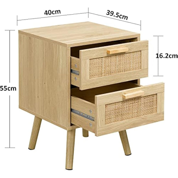 Finnhomy Bedside Tables Set of 2, Side Table with 2 Hand Made Rattan Decorated Drawers, Night Stand Set 2, Wood Nigntstand, End Table with Storage for Bedroom, Natural, 2 Pack