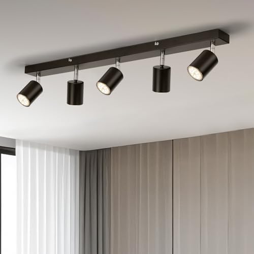 Gr4tec LED Ceiling Light 5 Way, Black Kitchen Ceiling Lights Including 5 x 6W GU10 Bulbs Natural White 4000K, Rotatable Spotlights Bar, Modern Spot Light Fitting for Living Room Bedroom Hallway