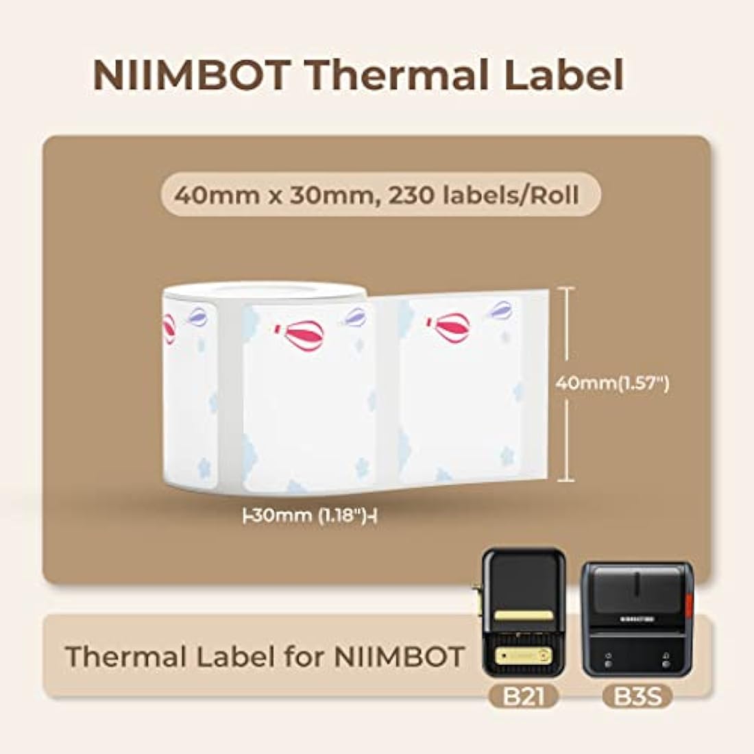 NIIMBOT Thermal Sticky Labels 40×30 mm (1.6×1.2") Compatible with B1/B21/B31/B3S/K2 Label Printer, Waterproof Labels Stickers for Home,Kitchen, Office, Organizing & Small Business, 1 Roll (Balloon)