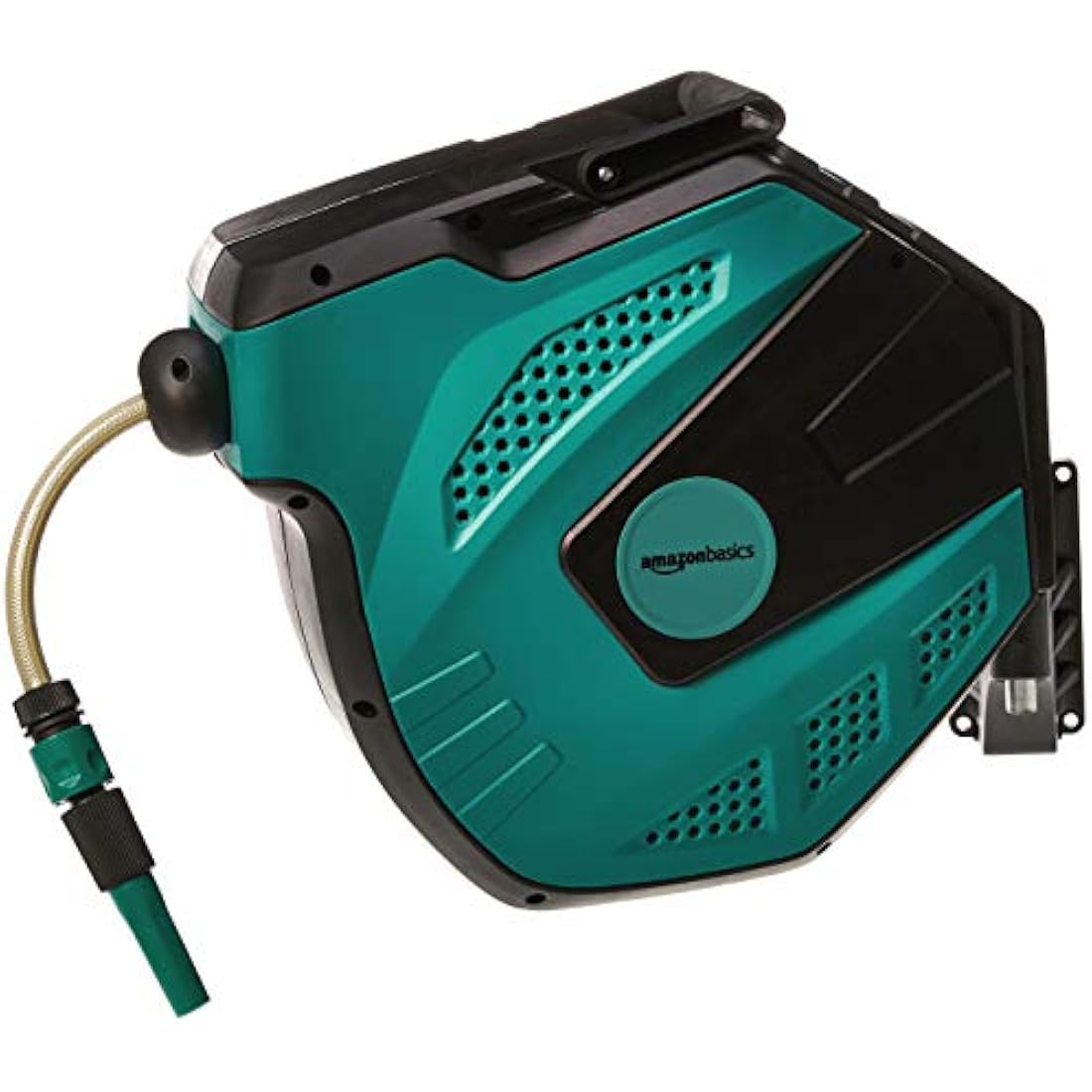 Amazon Basics Auto-Rewindable Hozelock Wall-Mounted Hose Reel, 15 m, Black Green