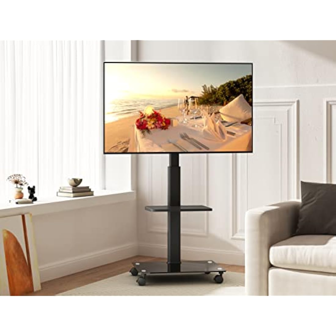 FITUEYES TV Stand on Wheels for 32 to 60 Inch TV, Swivel & Height Adjustable Portable Mobile TV Stand TV Trolley, Cable Management Removable Shelf Black