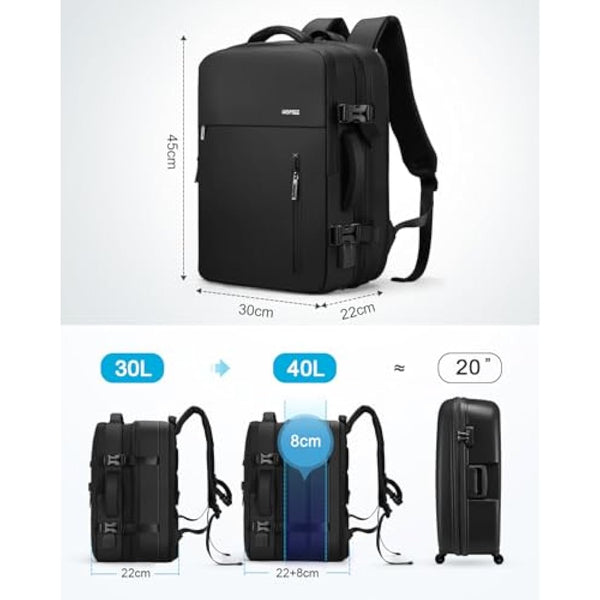 HOMIEE Easyjet Cabin Bags 22-40L Expandable Travel Backpack 45x30x17 Underseat Carry On Backpack Flight Approved Hand Luggage Suitcase 15.6 Inch Laptop Rucksack Fit Casual Daypack School Bag Black