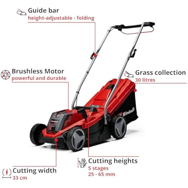 Einhell Power X-Change 18/33 Cordless Lawnmower - 18V, Brushless Motor, 33cm Cutting Width, 30L Grass Box, 5 Cutting Heights - GE-CM 18/33 Li Solo Battery Lawn Mower (Battery Not Included)