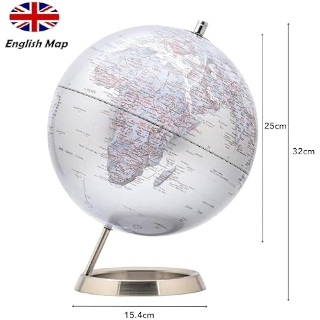 Exerz 25cm World Globe- Stainless Steel Ring Standing, Packaging in premier Kraft Box, Perfect for Gifting - Metallic Silver Colour