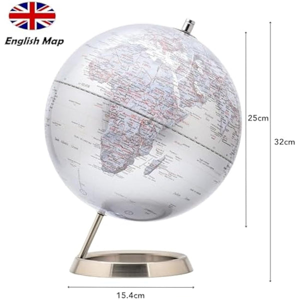 Exerz 25cm World Globe- Stainless Steel Ring Standing, Packaging in premier Kraft Box, Perfect for Gifting - Metallic Silver Colour