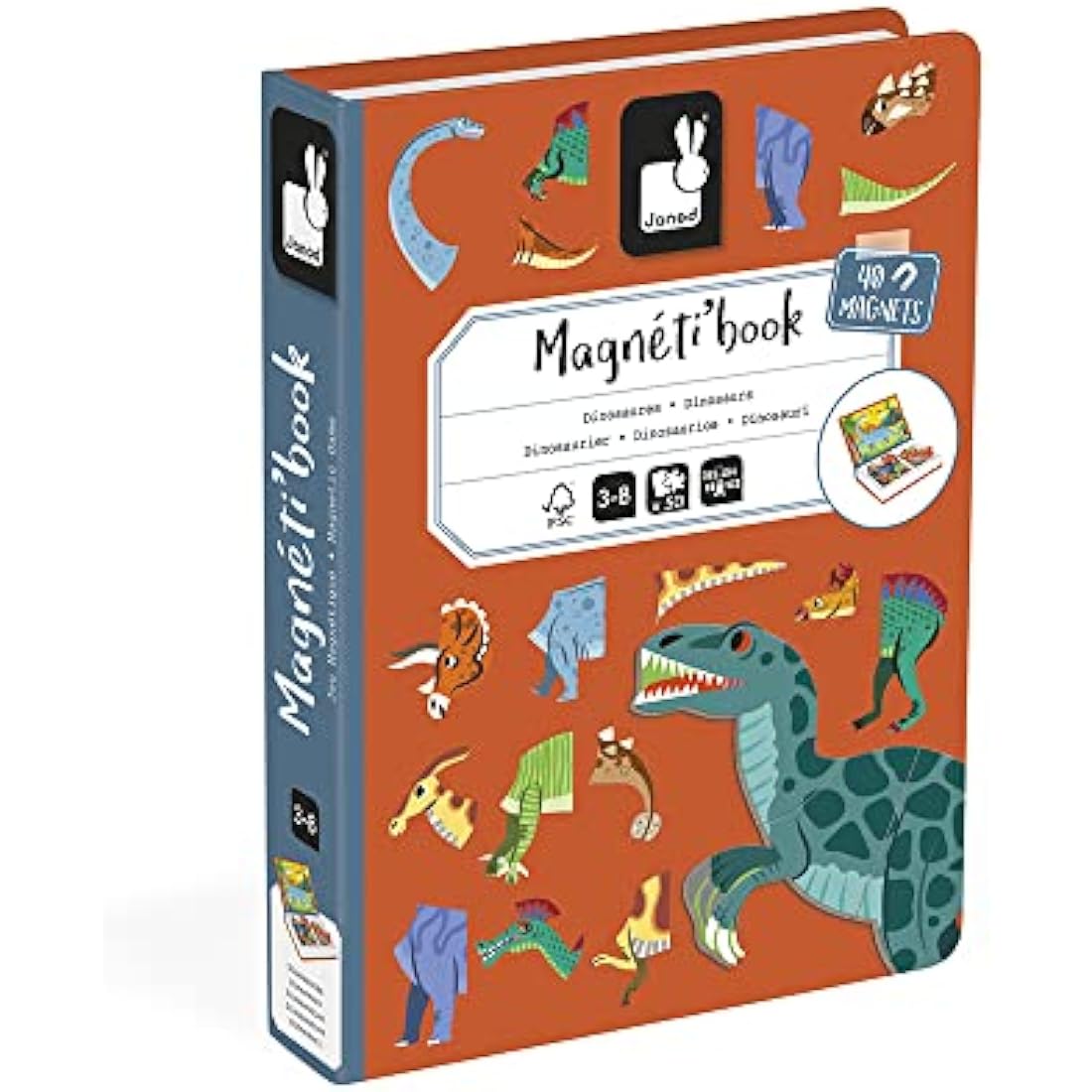 Janod - Magneti'Book Dinosaurs - 50-part educational magnetic game Teaches fine motor skills and imagination - FSC Certified - Suitable for ages 3 and up - J02590, Yellow(gelb)
