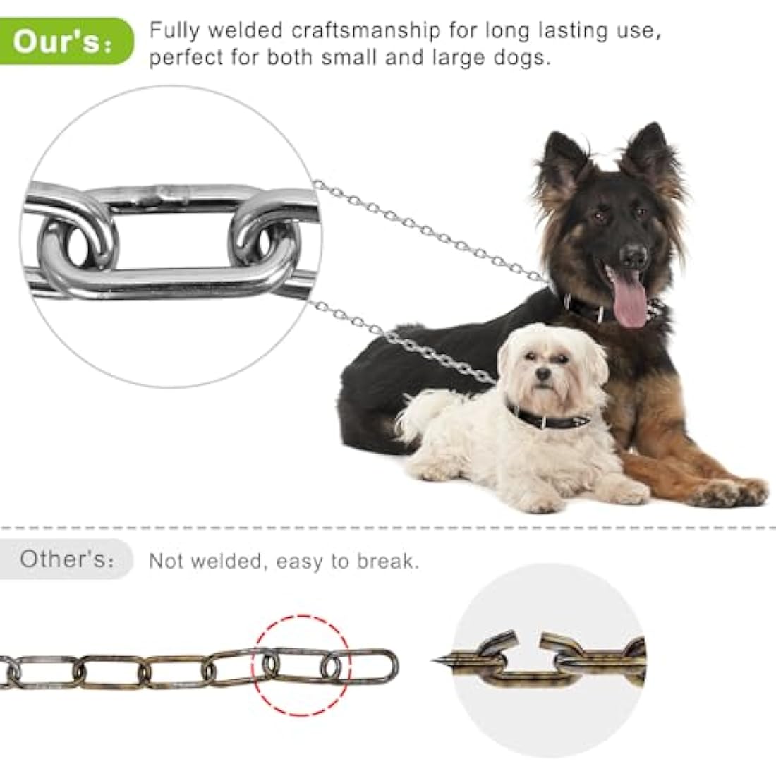 Dog Tie Out Chains and Stake, 15ft Chew Proof Stainless Steel Dog Chains for Outside, 15" Heavy Duty Dog Anchor for Dogs Up to 125lbs, Fully Welded, No Tangle, Ideal for Yard and Camping