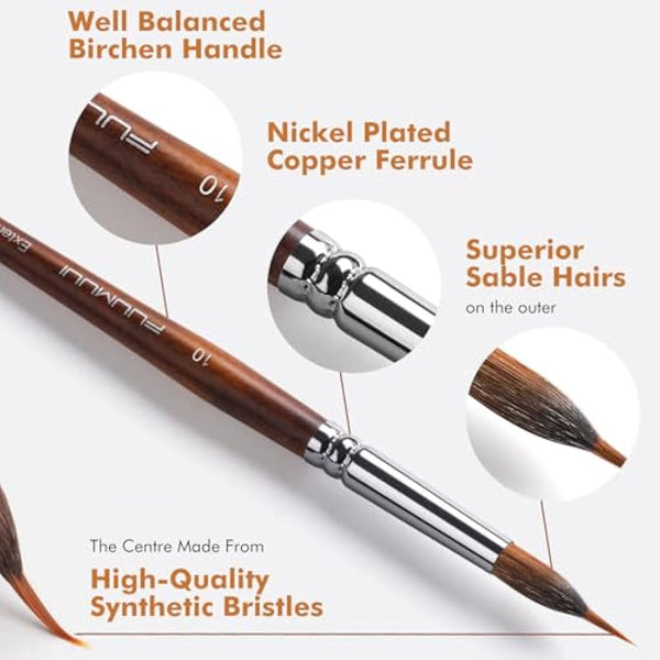 Fuumuui Professional Watercolour Brushes 4Pcs with Patented Design, Extended Needle Point Synthetic Long Pinhead, Kolinsky Sable Body for Fine Detailing - Watercolour Acrylic Gouache Inks Painting