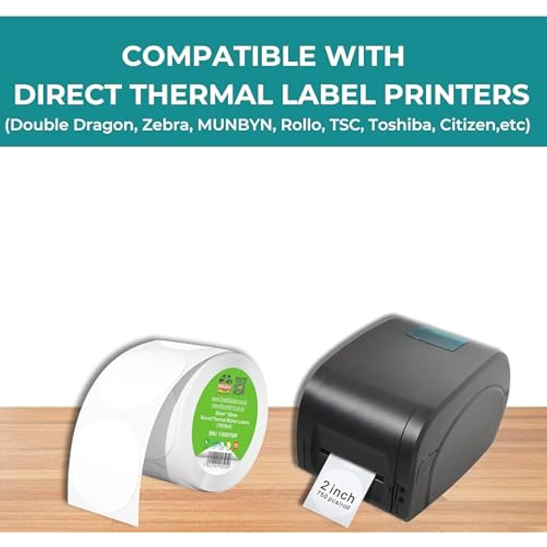 Double Dragon, 750 Premium Coated Direct Thermal Round Sticker Labels, 50mm x 50mm, Self-Adhesive, Compatible with Zebra, MUNBYN, Rollo, TSC, Toshiba, Citizen, Direct Thermal Label Printers GK420d