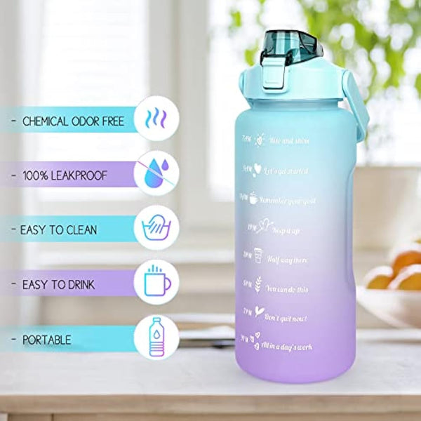 Water Bottle 2L BPA Free Sport Drinks Jug with Time Marking & Lock Cover, Leak Proof 2 Liters Water Bottle with Portable Handle, Green Water Canteen Bottle