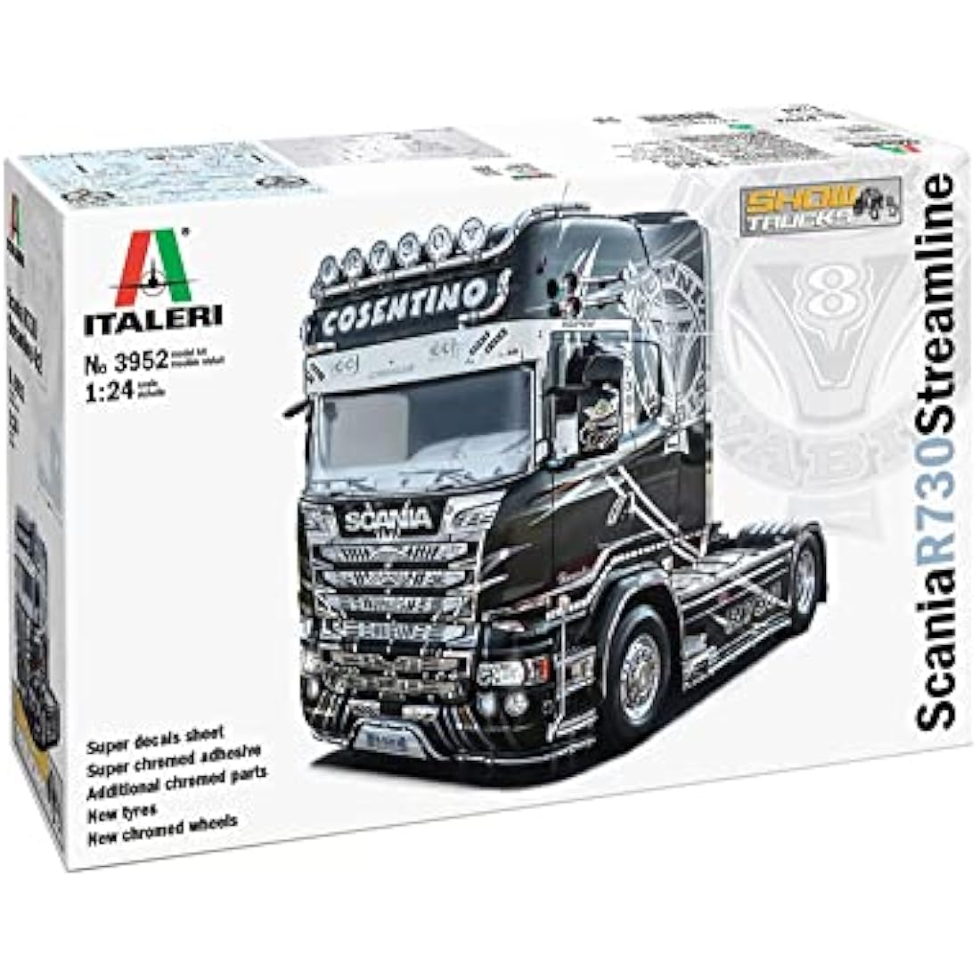 ITALERI 3952S - 1:24 Scania R730 Streamline Show Truck, Model Making, Kit, Stand Model Making, Crafts, Hobby, Gluing, Plastic Kit, Detailed, Unisex Adults, Black