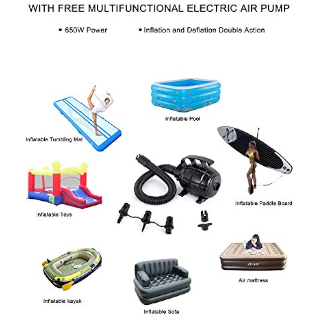 JOOLOOG Premium Air Tumbling Gymnastics Mat 2M 3M 4M 5M 6M Inflatable Air Tumble Mat for Kids Gymnastics Thick 10cm/20cm with 650W Electric Air Pump