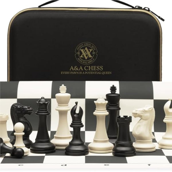A&A Tournament Chess Set / 20'' x 20'' Foldable Silicone Chess Board / 3.75'' King Height Plastic Quadruple Weighted Classic Staunton Pieces/Storage Bag